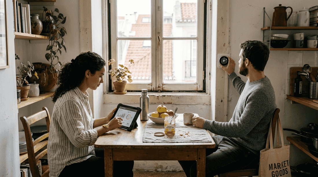 Couple using eco friendly gadgets at home