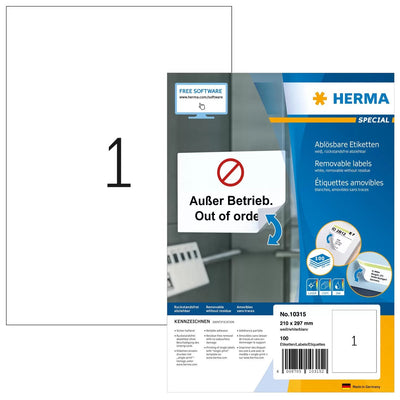 Herma Labels A4 White 210X297 Mm Removable Paper 100 Pieces — image 1