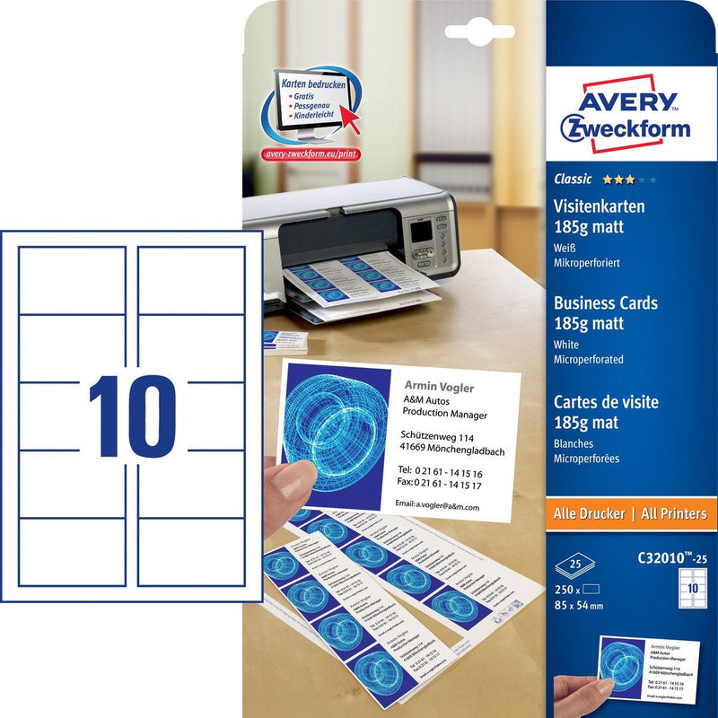 Avery Zweckform Visitenkarten C32010-25 Matte White 200G Qm, 250 Units