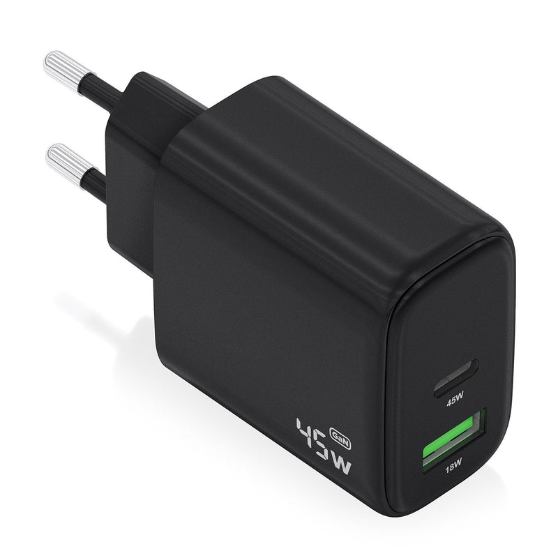 Aisens Charger GaN 45W, 1x USB-C PD 3.0 QC4.0, 1x USB-A QC3.0, Black