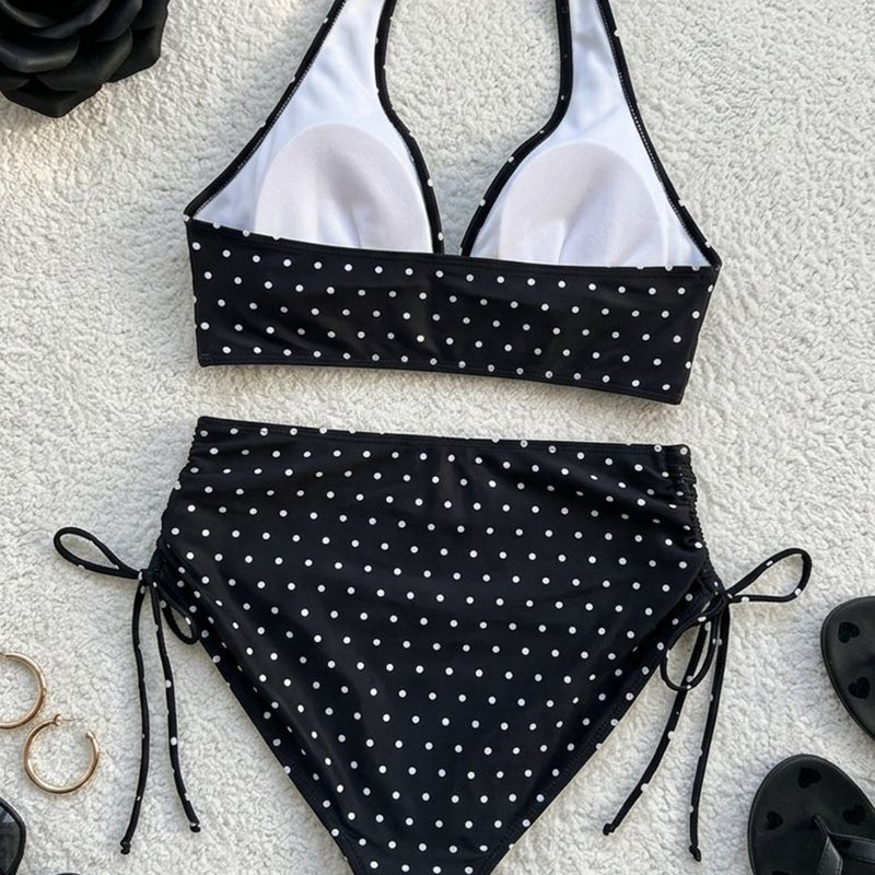 New V-neck Ruffled Vintage Polka-Dot Drawstring Sexy Bikini Swimsuit Set