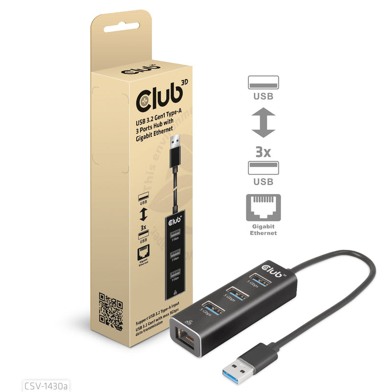 CLUB3D USB 3.2 GEN1 Tipo-a, Hub 3 Ports With Gigabit Ethernet