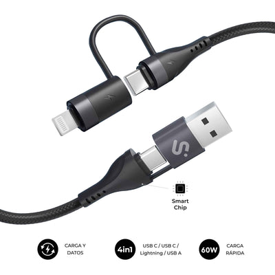 Subblim Cable Top 4 1 60W USB-A/2x USB-C/Lightning 1M Black 60W/ Length 1M/ Cable 4 1 (usb-a/C-c/Lightning/ PD — image 1