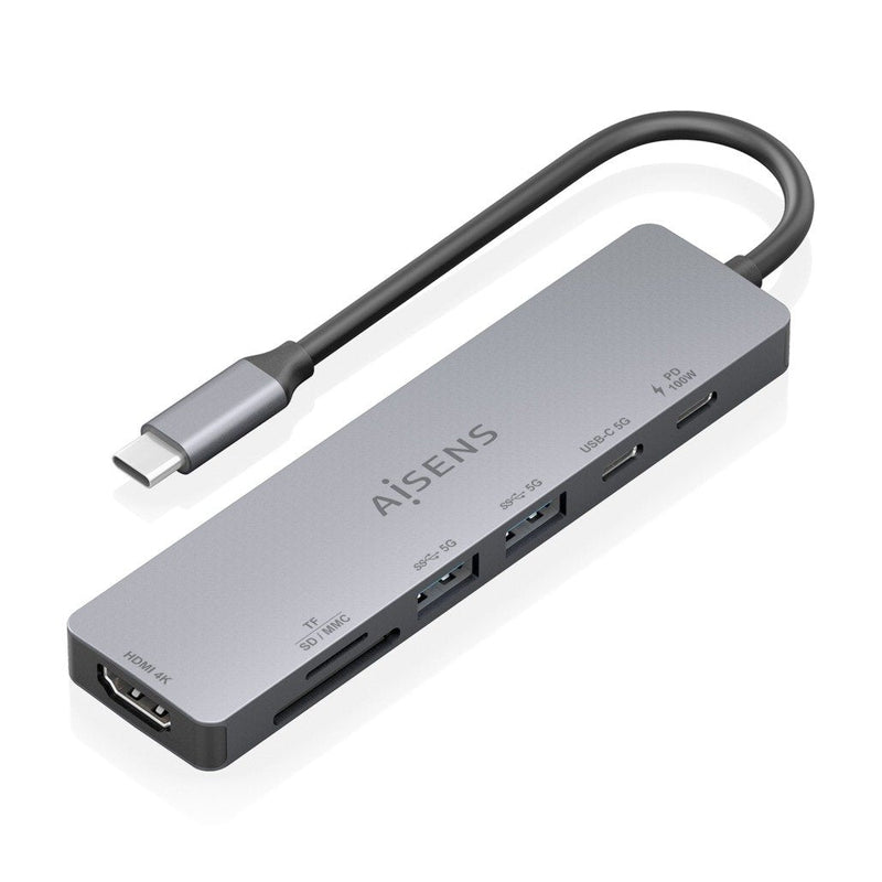 Aisens USB-C Dock 7 1, USB-C a 1x HDMI, 2x USB-A, 1x USB-C, 1x USB-C Pd 100W, 1XSD, 1XMICRO Sd, Grey 15CM