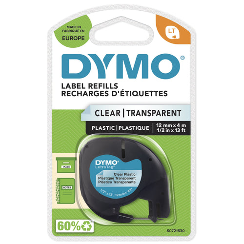 Dymo Tape Rotuladora Adhesiva Plastic 12267 Letratag 12MM X 4M Negra-transparente — image 1