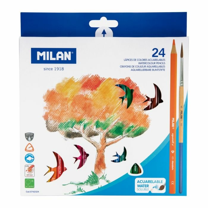 Milan Pack 24 Pencils Triangulares Acuarelables + Pincel - Mina 2.9MM - Trazo Uniforme - Resistant a Rotura -