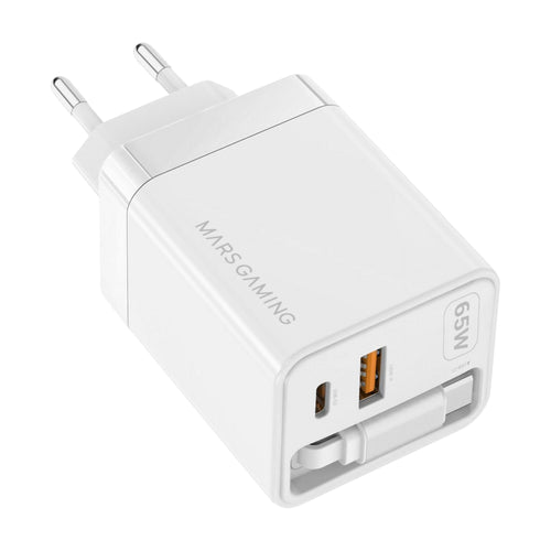 Mars Gaming Charger USB GaN MD-GAN65RW 65W 1x USB-C 1x USB-A Cable Retractable Pd Colour White — image 1
