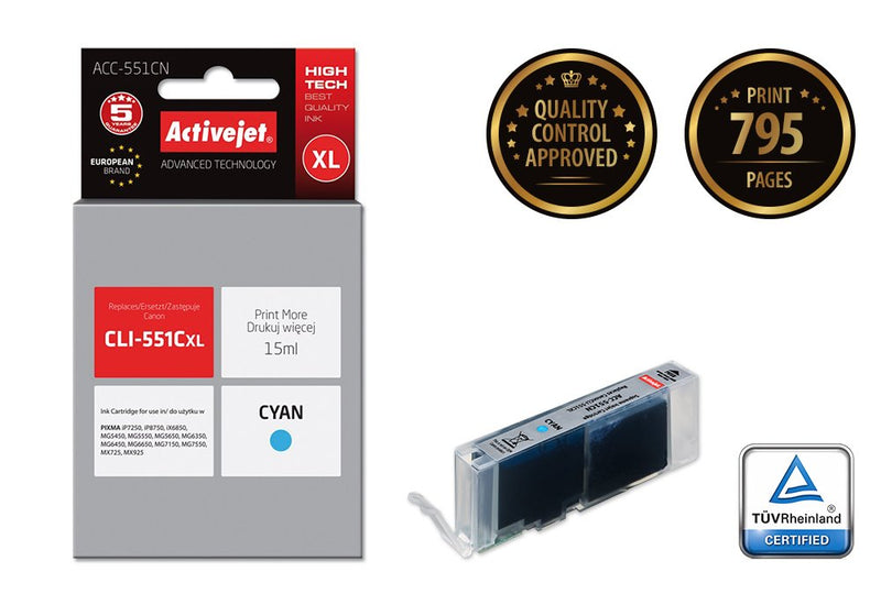 Activejet Ink ACC-551CN (reemplazo Canon CLI-551C - Supreme - 15ML - Cyan