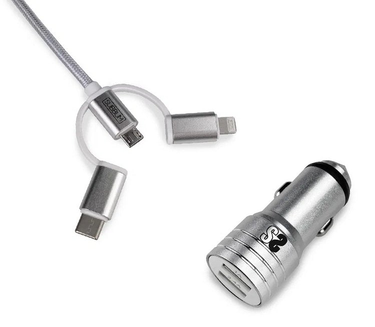 Subblim Car Charger SUB-CHG-4CC001/ 2 USB + USB Cable 3 1/ 2.4A/ Silver