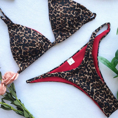 Leopard-print Three-piece Bikini Swimsuit Thong For Women