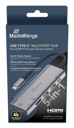 Mediarange Hub USB-C 5 In 1 Multiport Adapter Silver