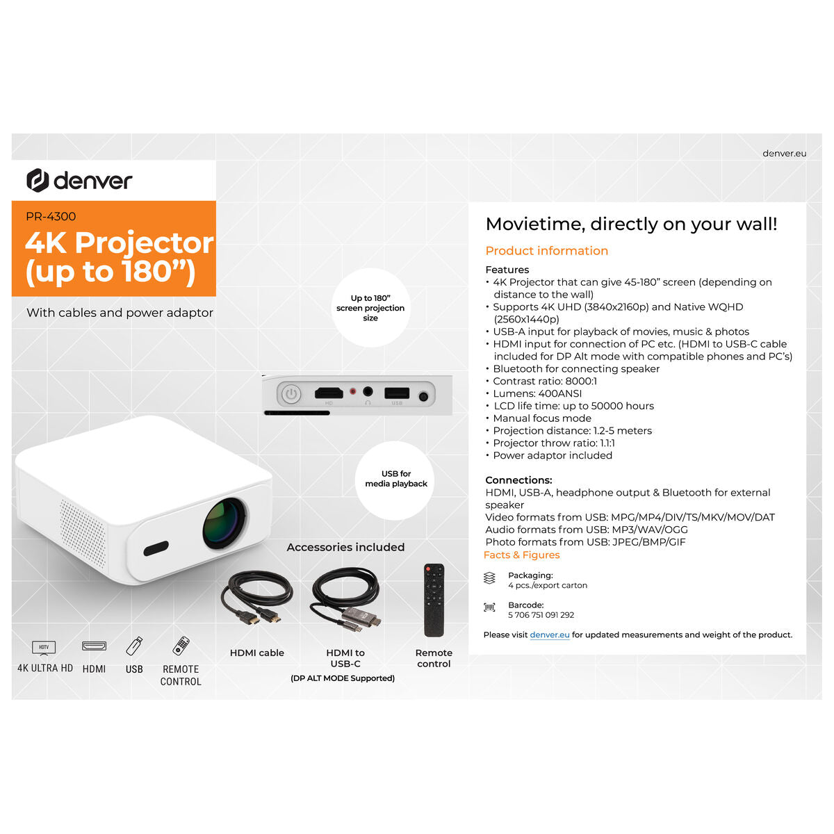 Denver Electronics Projector Denver Electronics Pr-4300 4K 3840 X 2160 Px