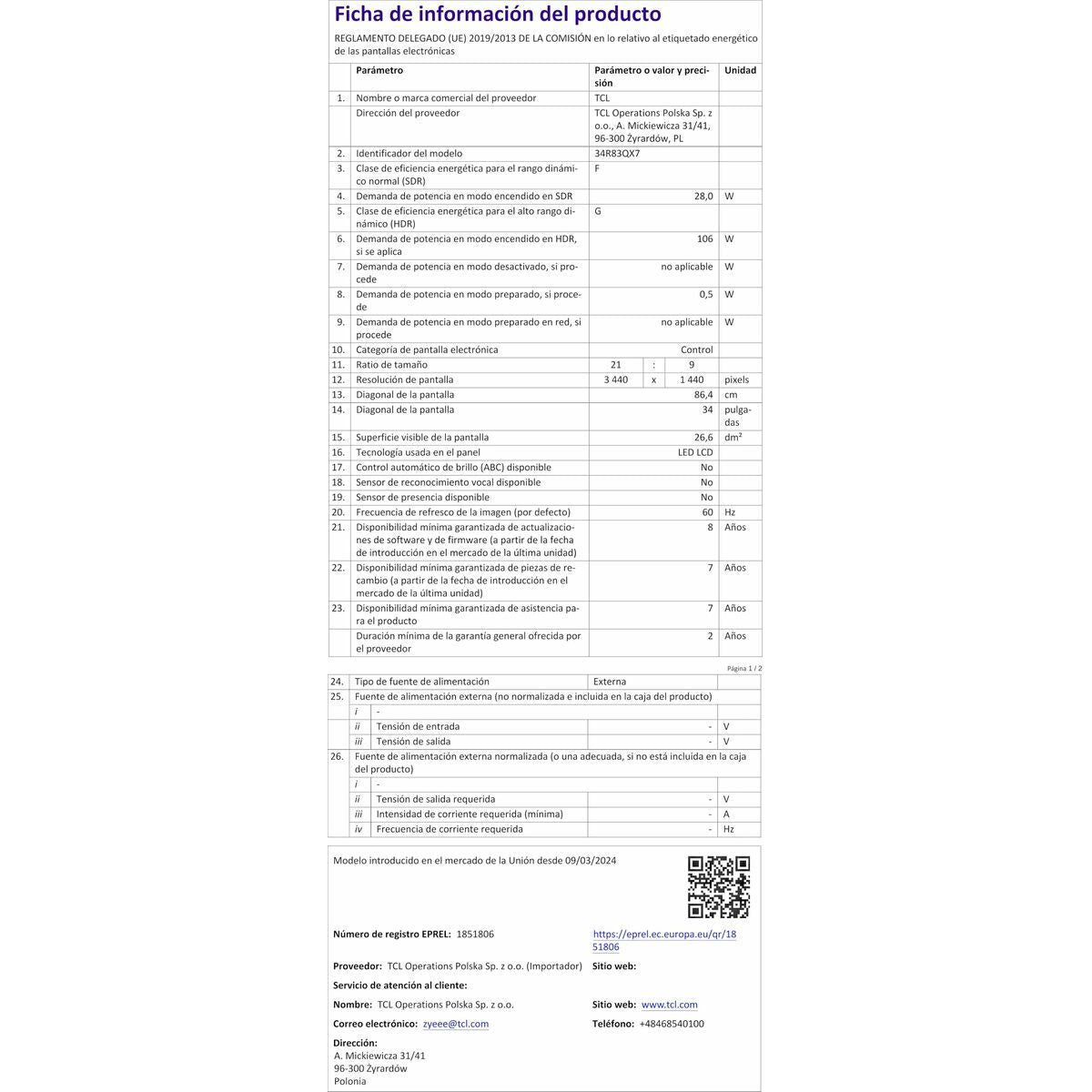 Tcl Monitor Tcl 34R83Q Lcd 37"