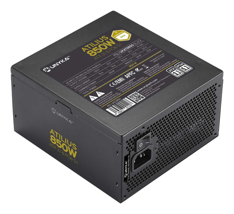 Unykach Power Supply Atilius 3.1 Black 850W 80 Plus Gold 850W ATX 3.1 - Full Modular - Fan 120MM