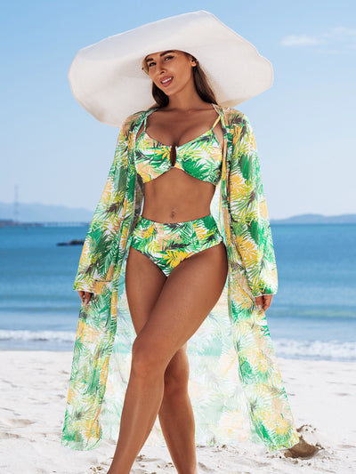 Womens Swimwear Bikini Three-Piece Set With Multi-Color Prints