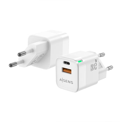Aisens Charger GaN 20W - 1x USB-C PD 3.0 QC4.0 - 1x USB-A QC3.0 - White — image 1