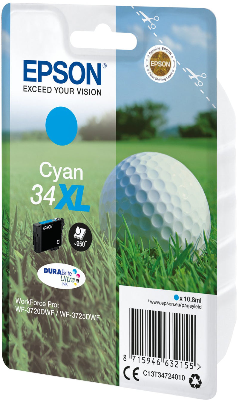 Epson Genuine Ink 34XL Cyan Workforce Pro WF-3720, WF-3720DWF, WF-3725DWF