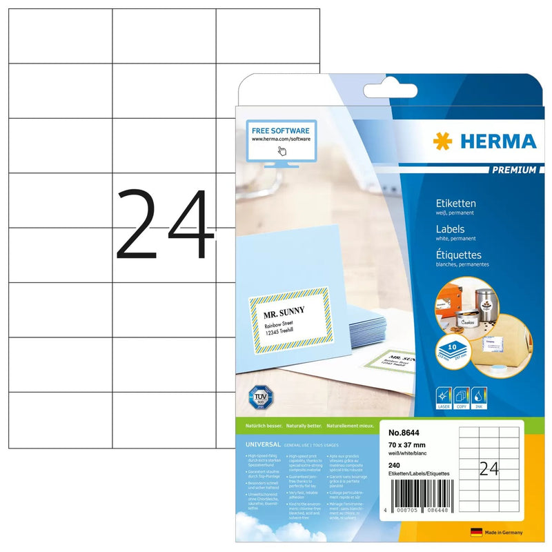 Herma Labels 70X37 White 10 Sheets Din A4 240 Pcs. 8644 Labels