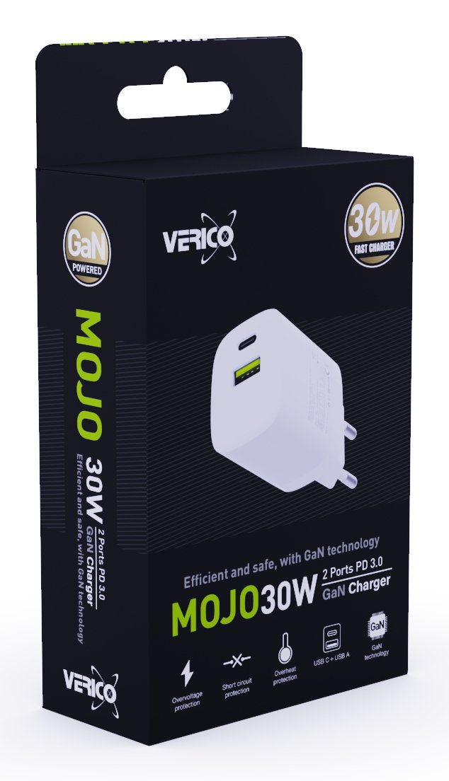 Verico Charger Mojo GaN 30W Pd, 2-PORT (usb-a & Usb-c) Wh Retail