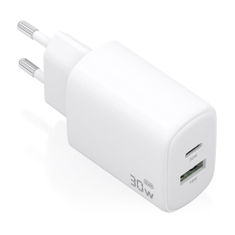 Aisens Charger GaN 30W, 1x USB-C PD 3.0 QC4.0, 1x USB-A QC3.0, White