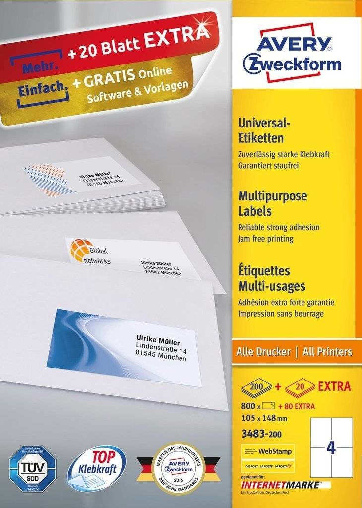 Avery Zweckform Labels 3483-200 White 105,0 X 148,0MM - 880 Units