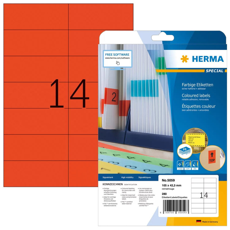 Herma Labels A4 Red 105X42,3MM Paper Matte 280 Units