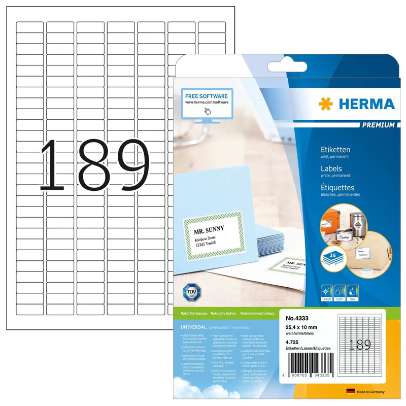 Herma Labels 25,4X10 25 Sheets Din A4 4725 Pcs. 4333 Labels