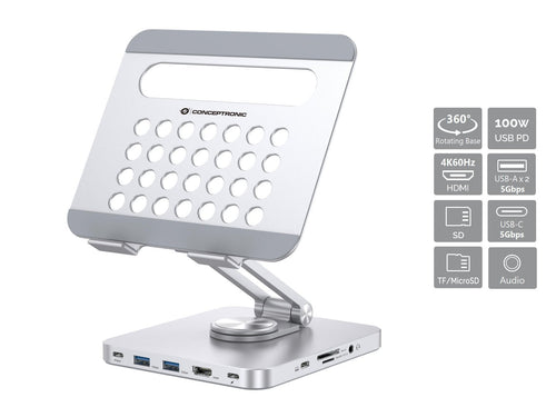 Conceptronic Docking USB-C Stand 1XHDMI4K 2x USB-A 3.0 1x USB-C 1x USB-C PD100W 1X3,5MM 1XSD/Sdmicro — image 1