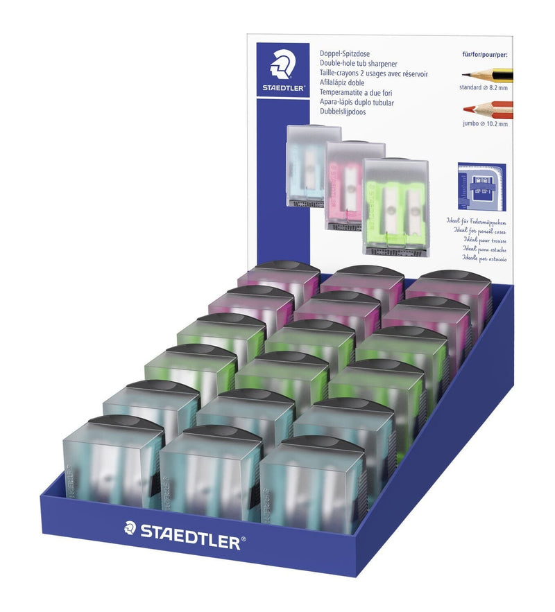 Staedtler Expositor With 18 Sacapuntas Plastic - 2 Agujeros - Angulo Afilado 23° And 30° - Colours Surtidos