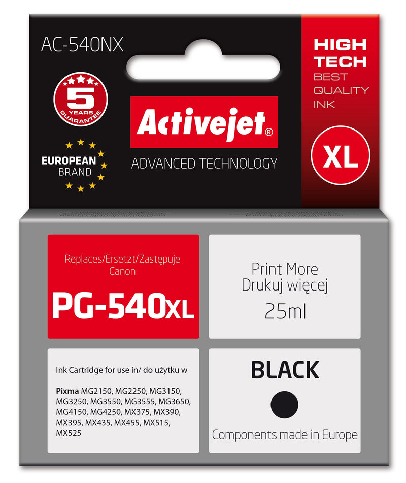 Activejet Ink AC-540NX Printers Canon (sustituye a Canon PG-540XL) Suprema, 25ML, Black
