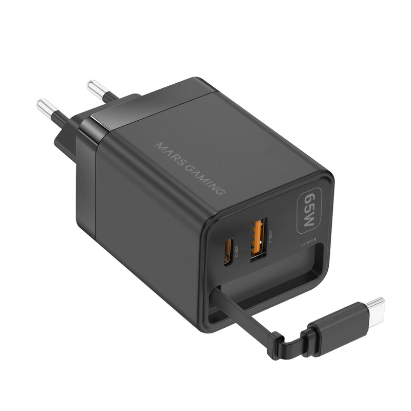 Mars Gaming Charger USB GaN MD-GAN65R 65W 1x USB-C 1x USB-A Cable Retractable Pd Colour Black
