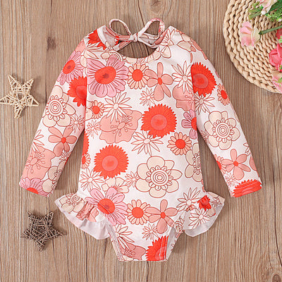Girl's Pattern Graphic Print Crew Neck Open Back Swimsuit