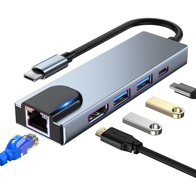 Adapter USB-C Laptop With 2 X USB 3,0, 1 X Usbc PD100W, 1 X HDMI 4K, 1 X Network LAN RJ45 — image 1