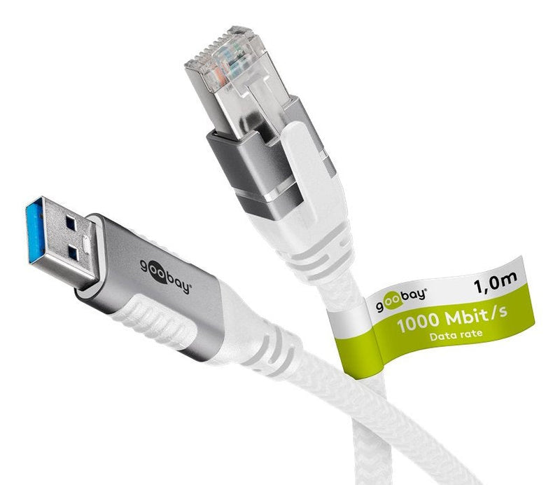 Goobay Cable Ethernet USB-A 3.2 GEN1 Male RJ-45 Male Adapter LAN White 10 Metres Cover Textil Trenzada 74163