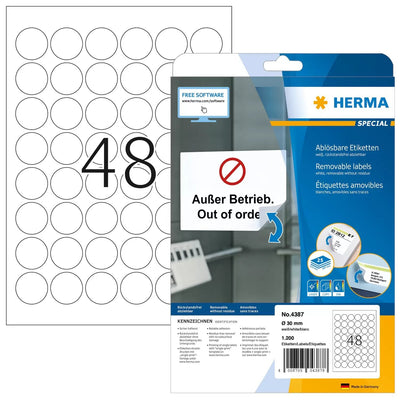 Herma Round Labels 30MM White 25 Sheets 1200 Pcs. 4387 Labels — image 1
