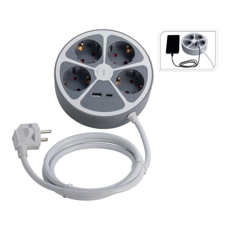 Base Plug Múltiple 4 Sockets Redonda + Usb, 1,4M Cable