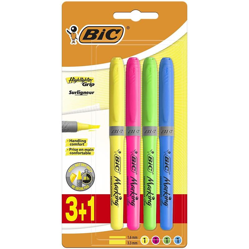 Bic Highlighter Grip Pack 4 Marcadores Fluorescentes - Ink With Base Water