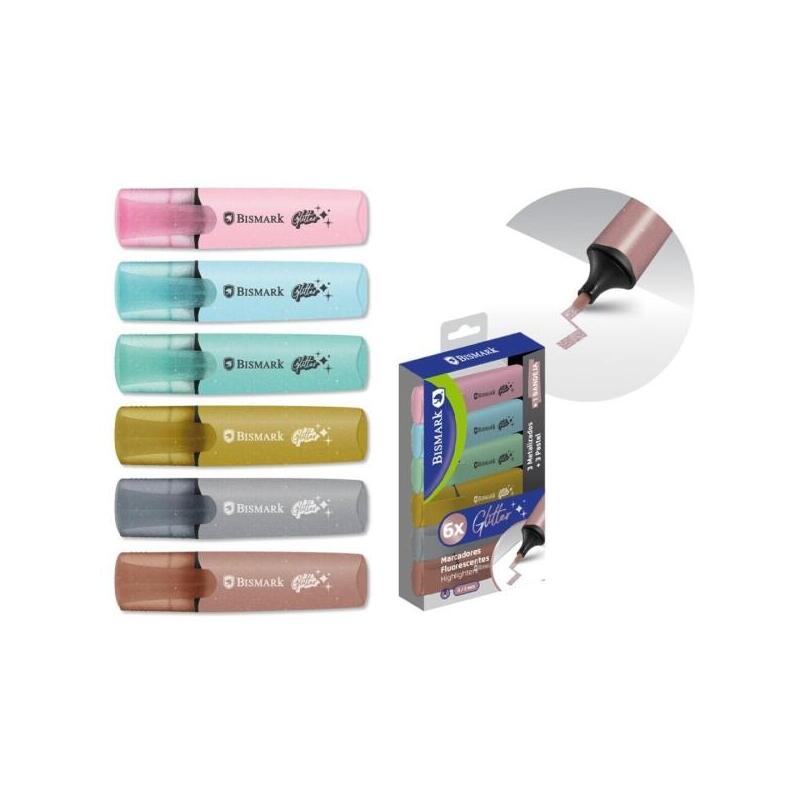 Bismark Pack 6 Marcadores Fluorescentes Glitter - 3X Pastel And 3X Metalizados - Ink Secado Fast - Punta