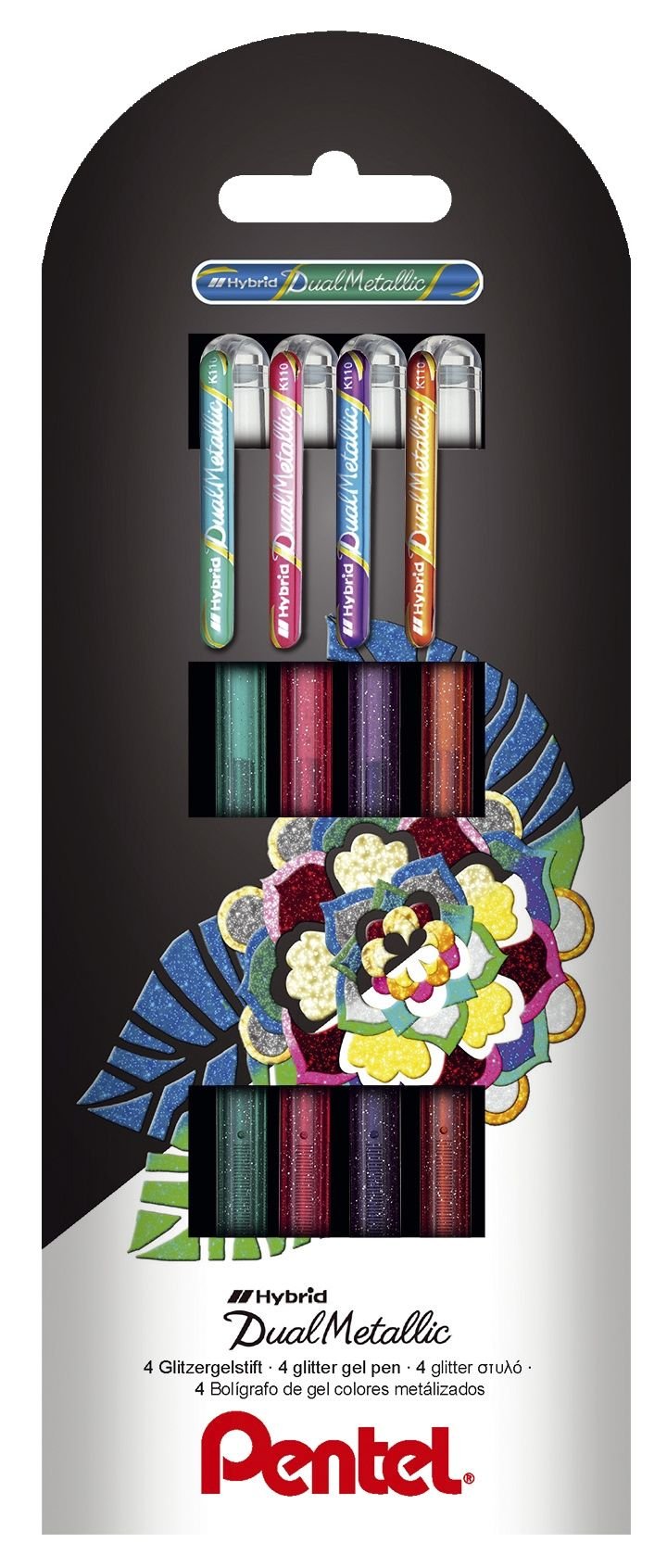 Pentel Hybrid Dual Metallic Pack 4 Pens Bola With Ink Gel Glossy - Punta 1MM - Trazo 0.5MM - Colours