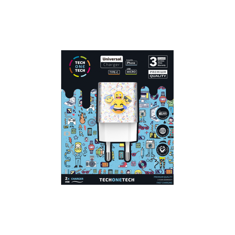 Tech One Tech Wall Charger Emojitech Smile TEC2502 2x USB 2.4A White