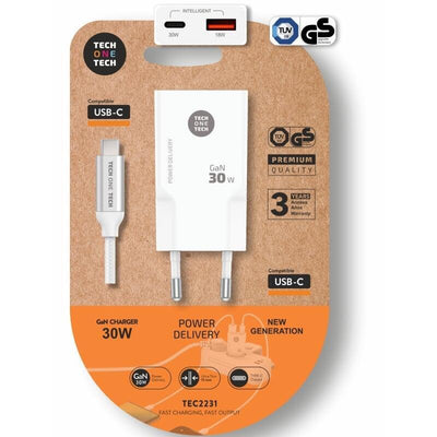 Tech One Tech Wall Charger TEC2231 1x USB Type-c 1x USB + USB Cable Type-c 30W White — image 1