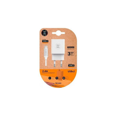 Tech One Tech Wall Charger TEC2403 2x USB + USB Cable Type-c 2.4A White — image 1