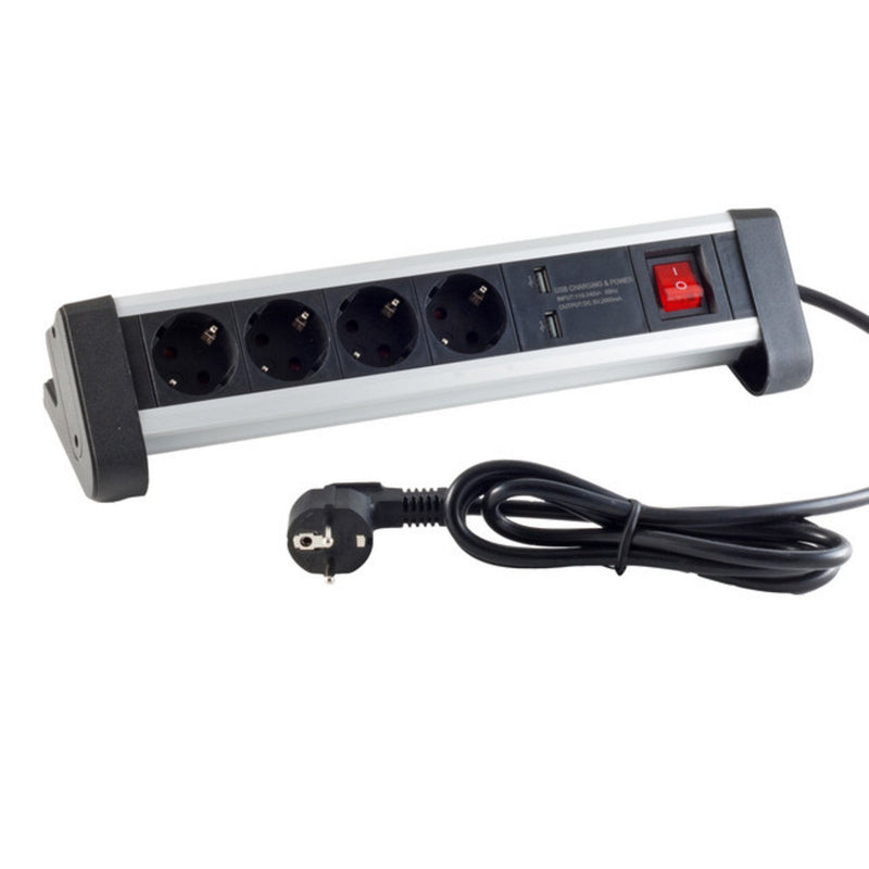 Power Strip Desk 4 Sockets + 2 USB Función Charging Aluminium Black