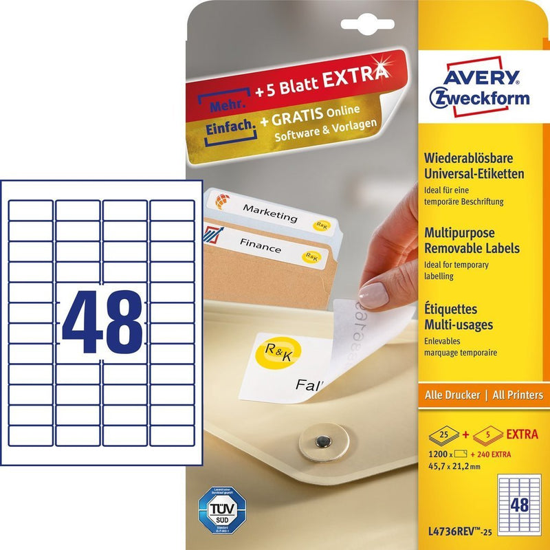 Avery Zweckform Labels L4736REV-25 White 45,7 X 21,2MM - 1.440 Units