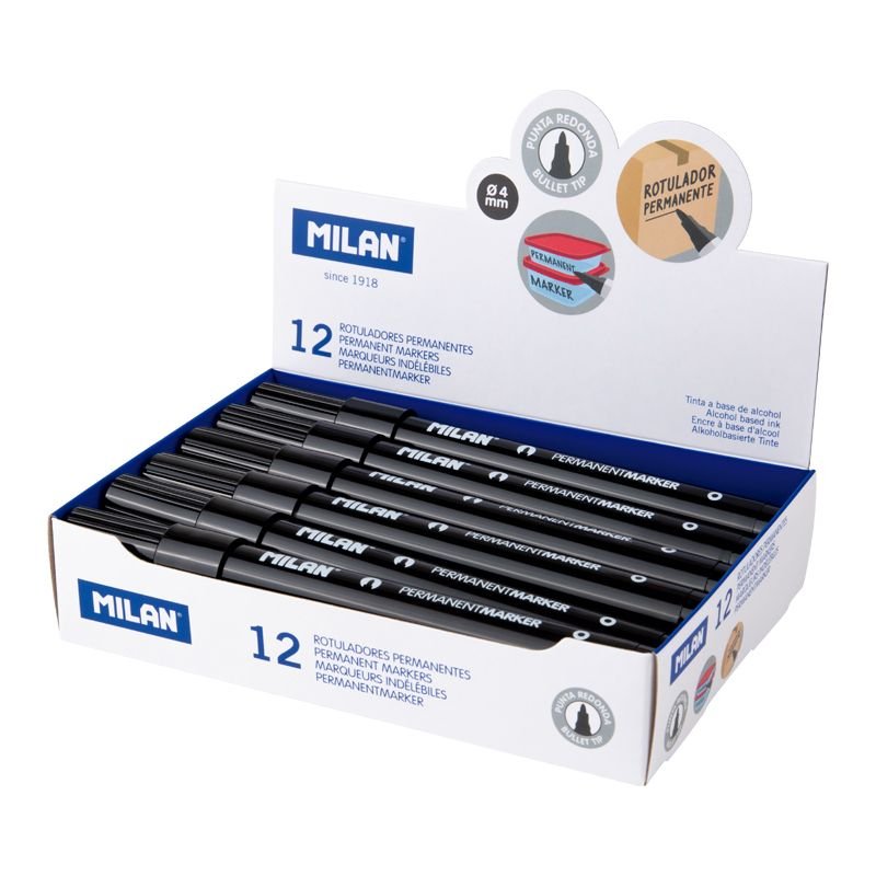 Milan Pack 12 Units Marker Permanente Punta Redonda Black