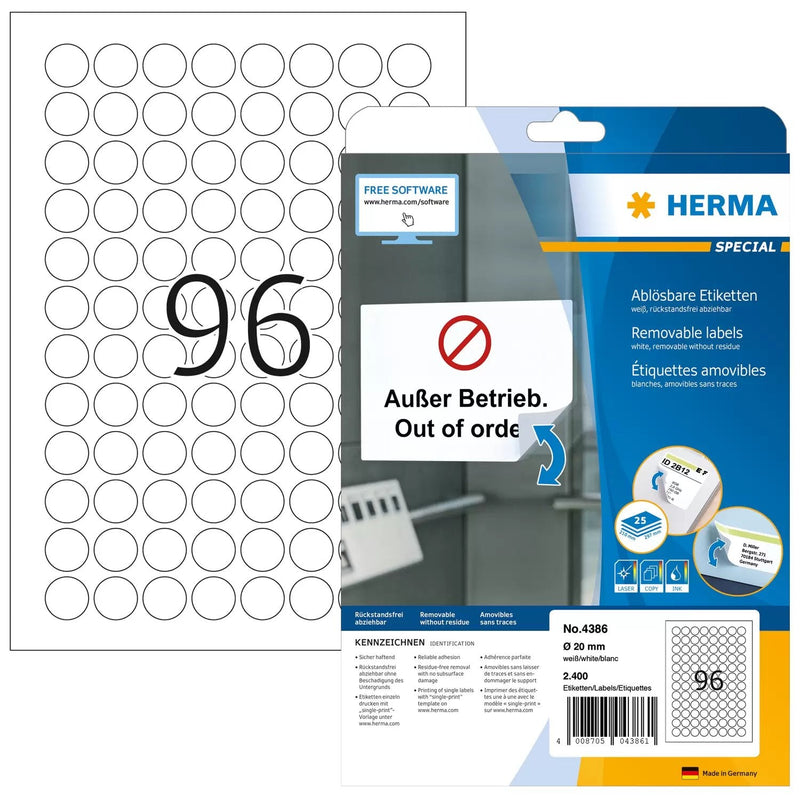 Herma Removable Round Labels 20 25 Sheets Din A4 2400 Pcs. 4386 Labels