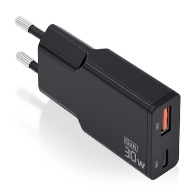 Aisens Charger GaN Ultra Slim 30W, 1x USB-C PD 3.0 QC4.0, 1x USB-A QC3.0, Black — image 1