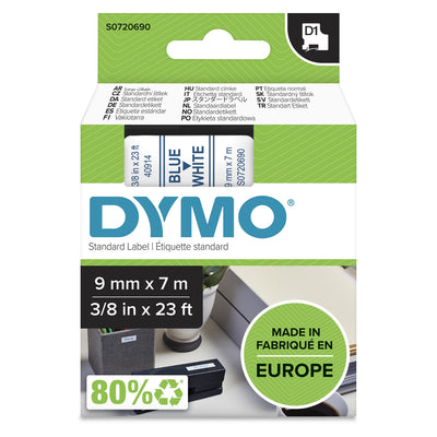 Dymo D1 Standard - Blue On White - 9MM Tape Printer Labels — image 1