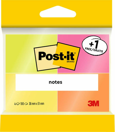 Post-it Pack 4 Blocs 100 Notas Adhesivas Reposicionables - Colours Neon - 38X51MM - Promocion 3 Blocs + 1 Grat — image 1