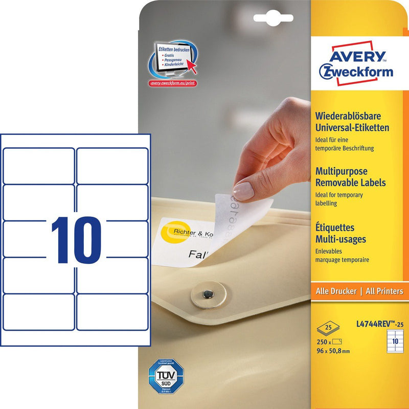 Avery Labels Adhesivas Removibles 96X50,8MM Inkjet/Láser 10 X 25H White